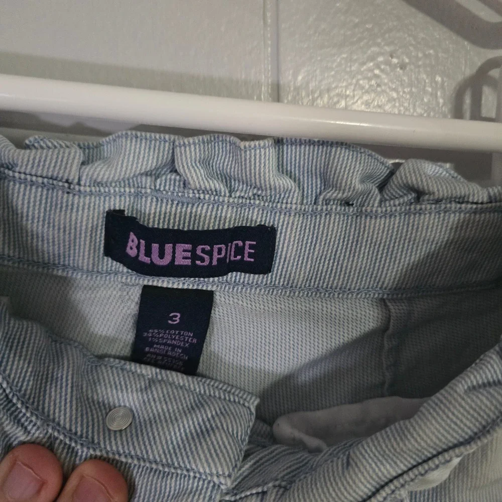 Blue Spice Pinstripe Paperbag Denim‎ Shorts Womens 3 Blue High Waist Belted